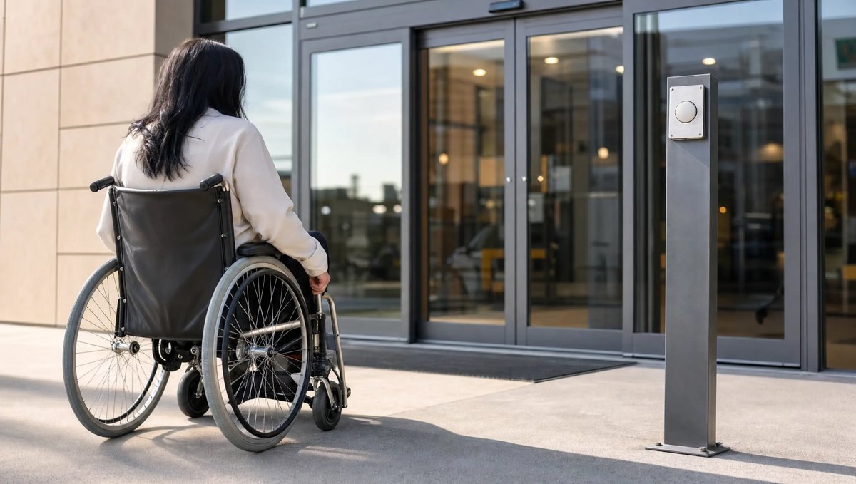 Wheelchair user at an accessible automatic door