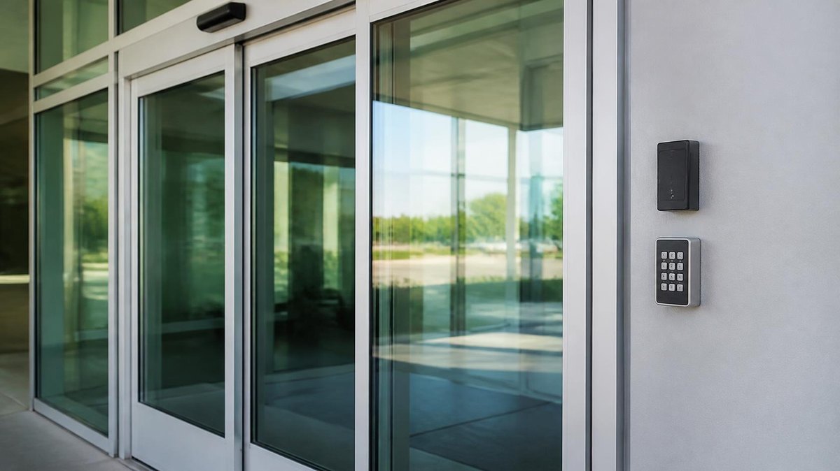 Automatic sliding glass entrance with a card reader and keypad mounted beside the door