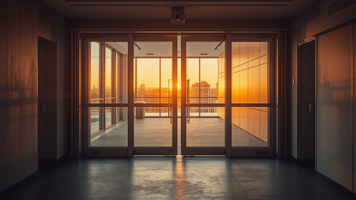 Glass double doors in a hallway overlook a city skyline at sunset