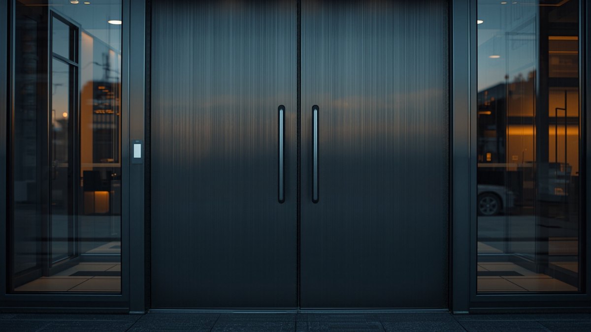 Secure brushed-metal entrance doors with a card reader between glass sidelights