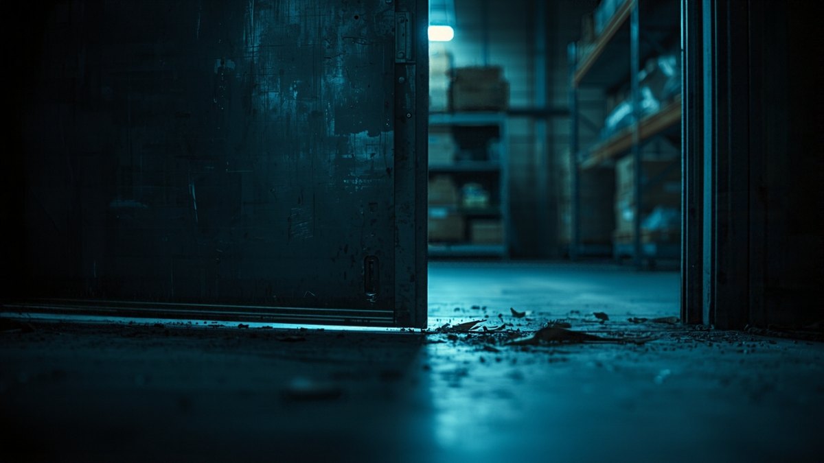 A sliding metal door stands ajar, revealing a dim warehouse interior