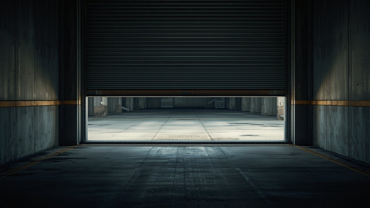 Rolling metal garage door partially open revealing a concrete loading bay