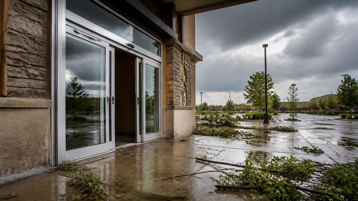 Automatic sliding glass entrance with storm-broken branches and rain puddles on the walkway