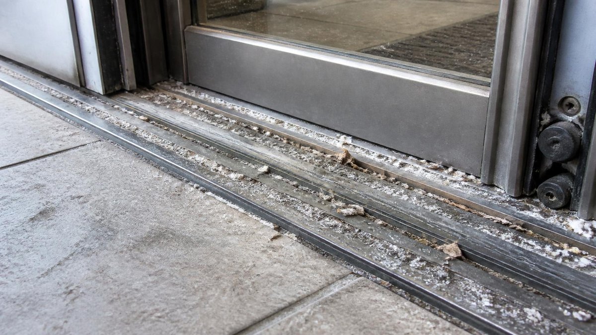 Grit, road salt and dry leaves packed into the floor track of an automatic sliding door