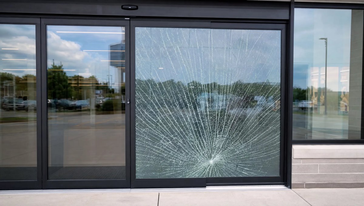 Cracked tempered glass panel in a commercial automatic door