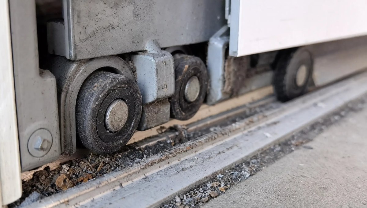 Worn rollers and debris in a commercial sliding door track