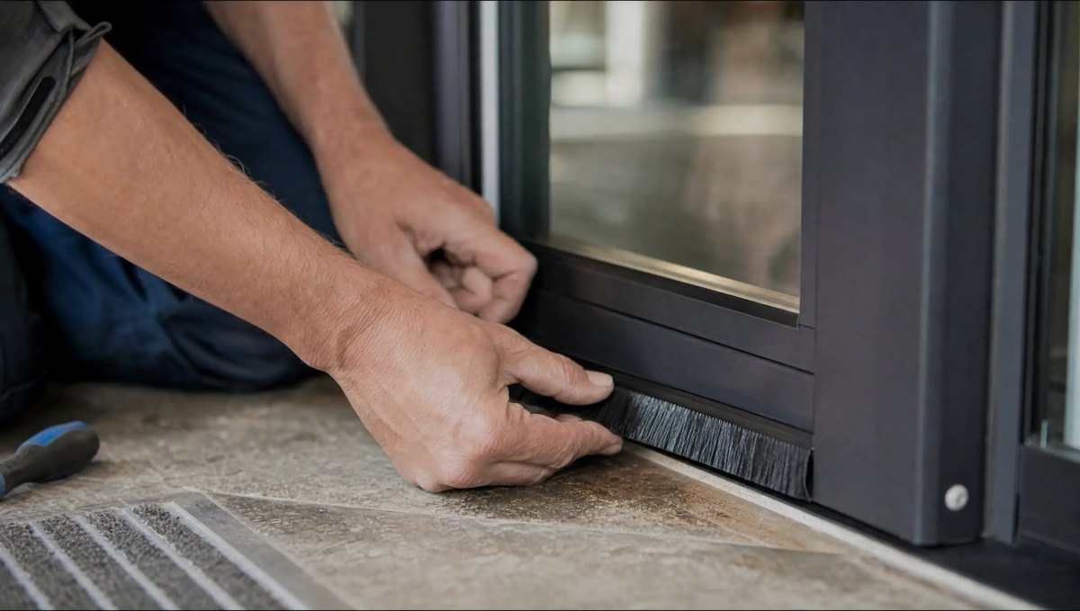 Technician replacing the brush weather seal on a commercial door