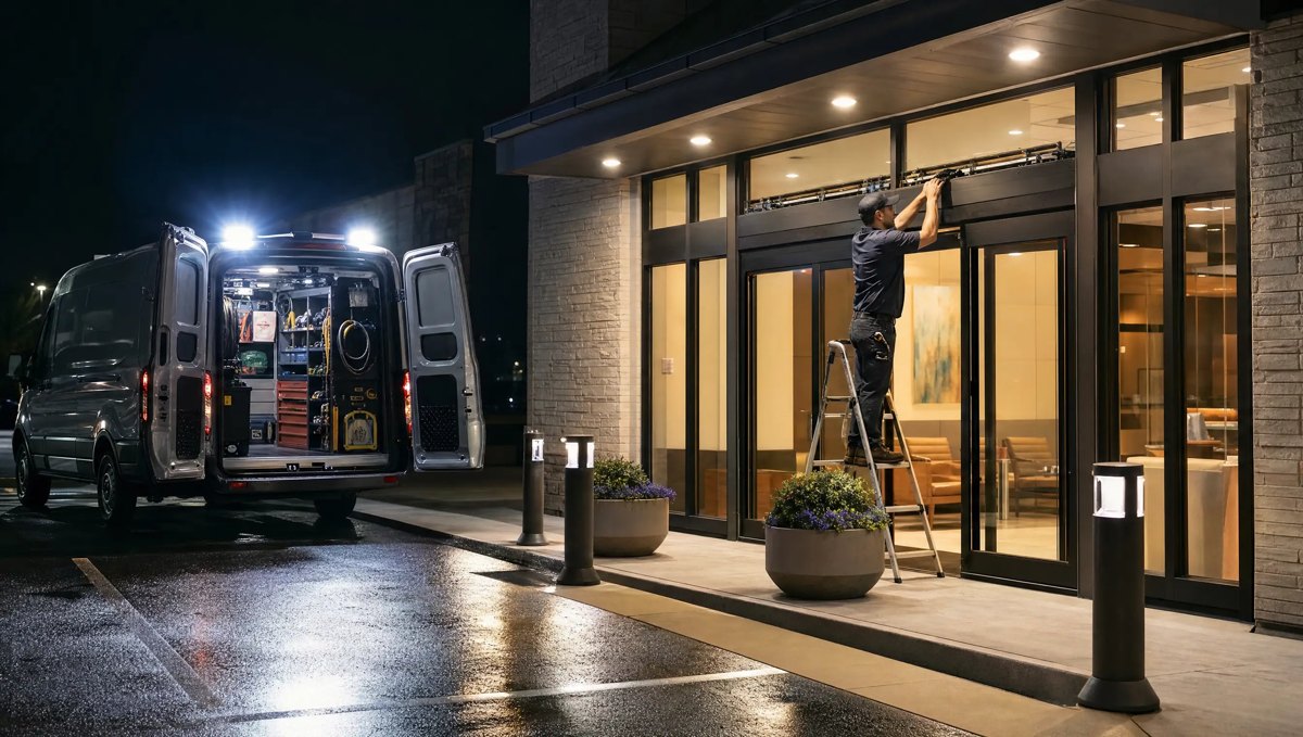 Night emergency service call at a commercial entrance