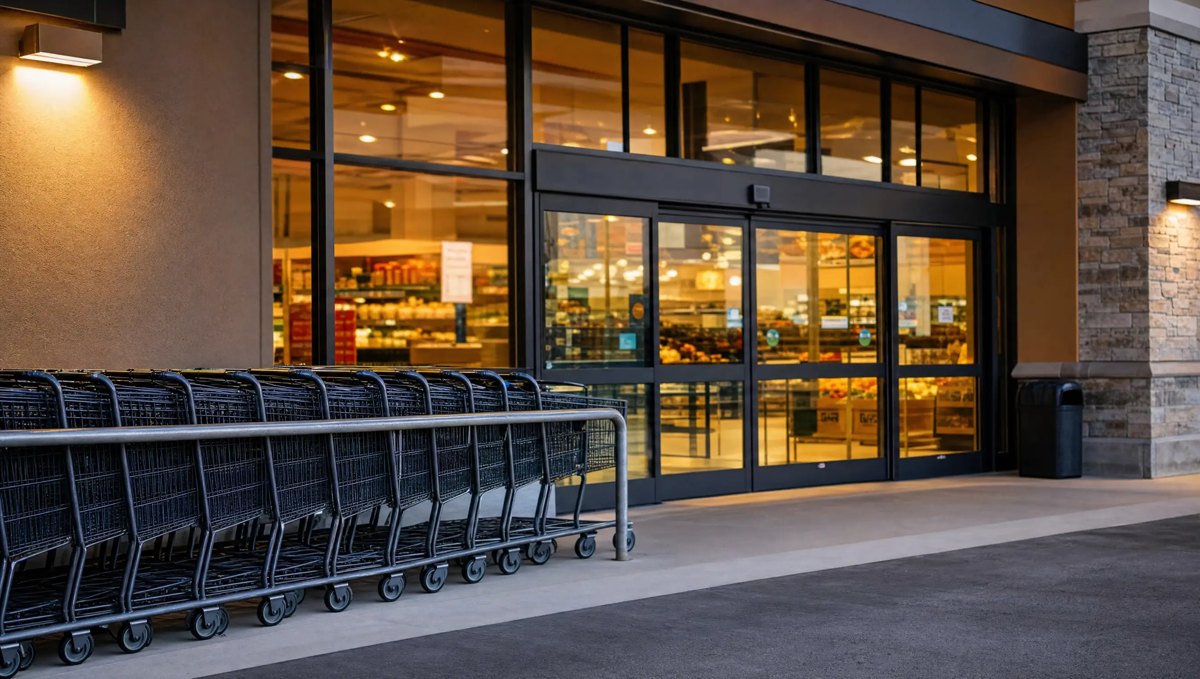 Grocery store entrance with automatic doors and carts