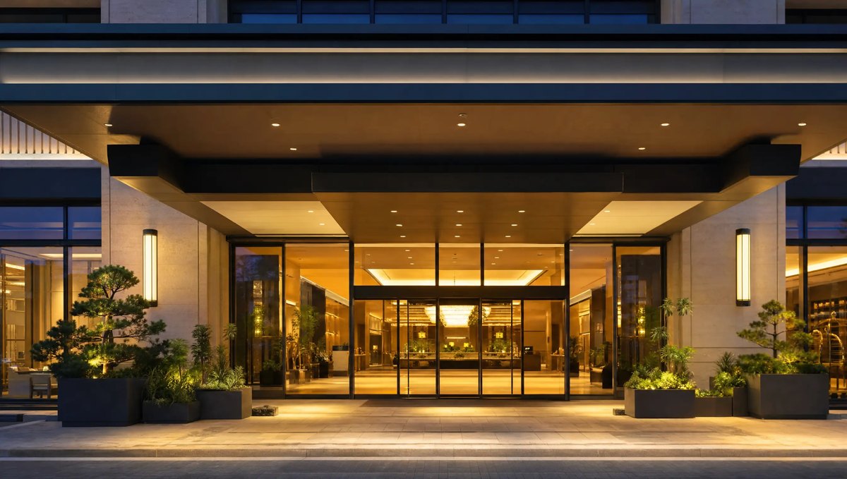 Hotel entrance automatic doors at evening