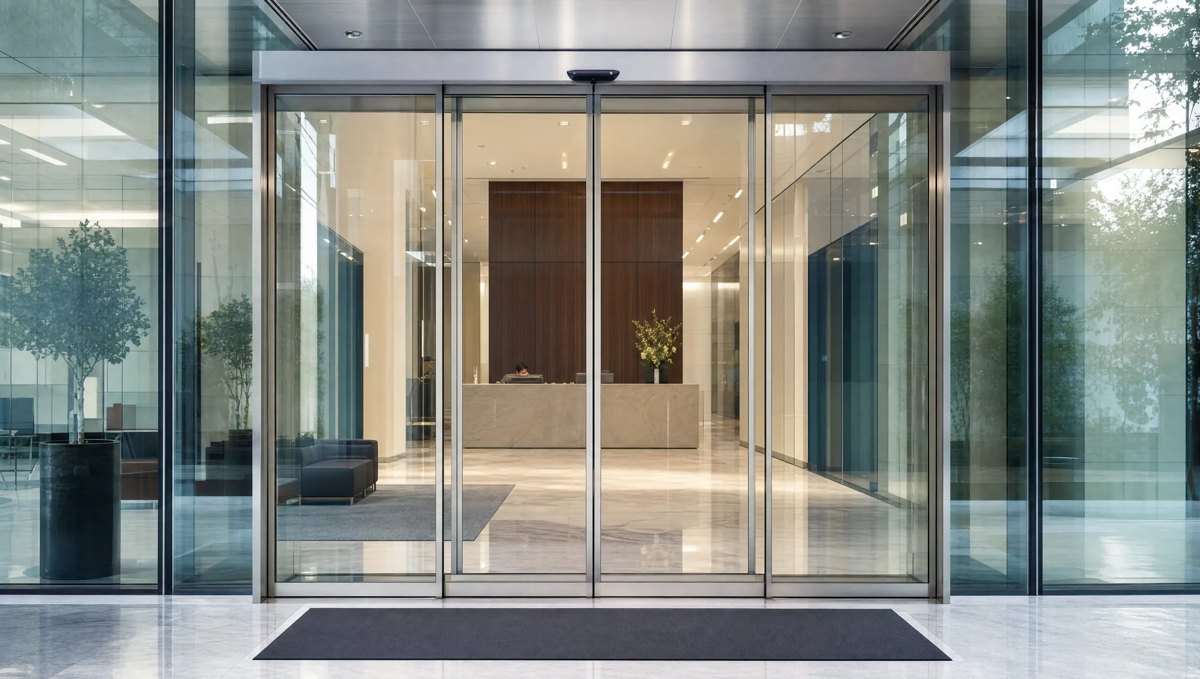Office lobby entrance with automatic glass doors
