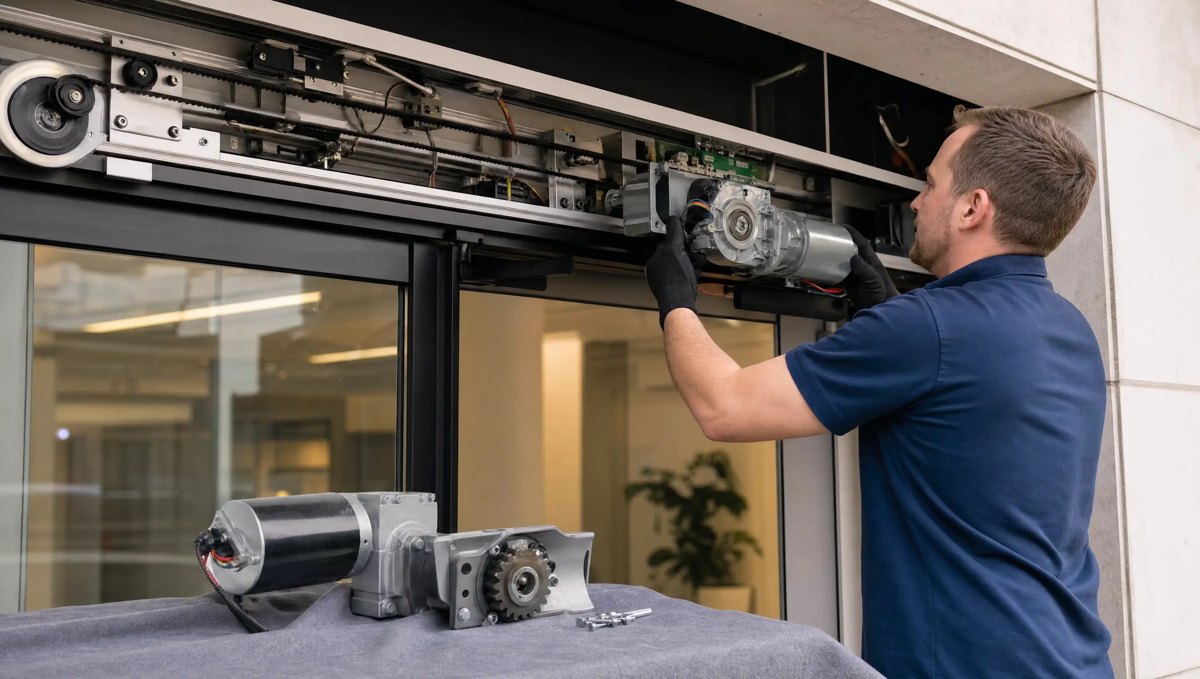 Technician replacing an automatic door operator motor