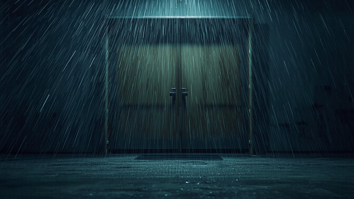 Heavy rain pours down in front of closed double entry doors at night