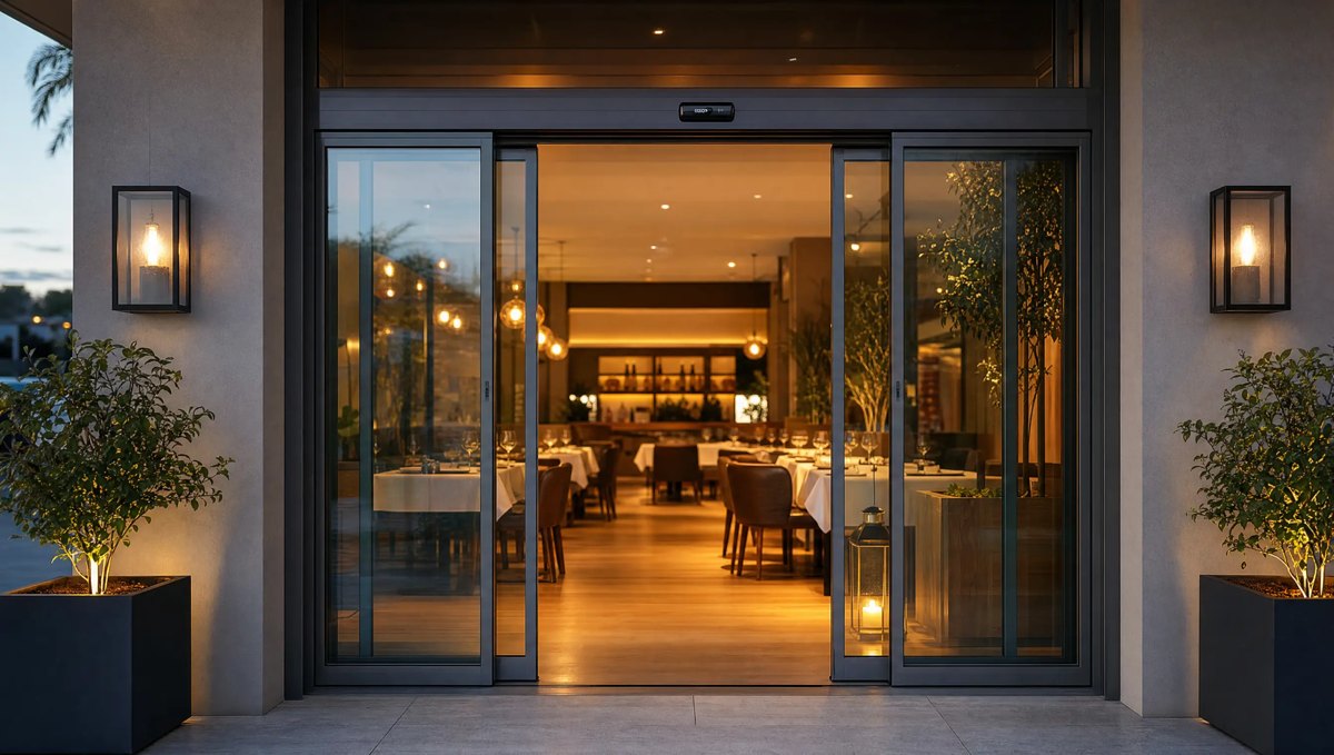 Restaurant entrance with automatic glass door at evening