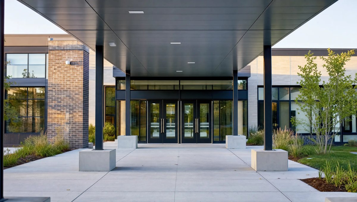 School building entrance with automatic glass doors