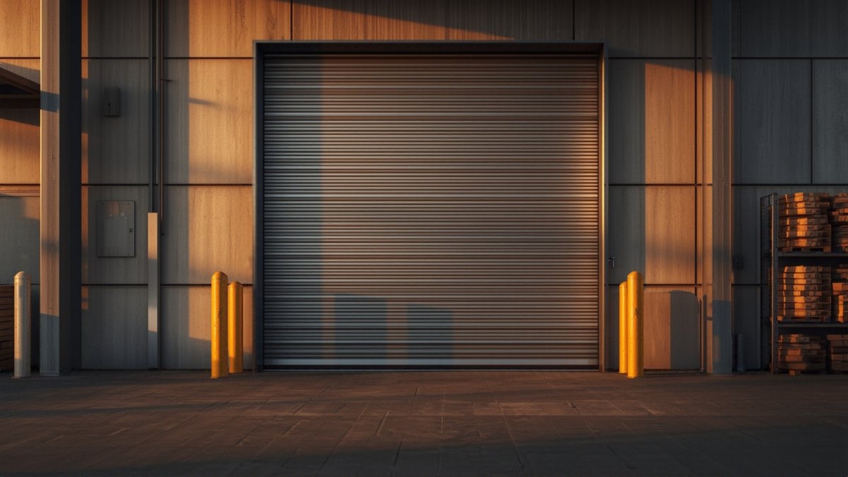 Closed metal roller door on a warehouse loading dock at sunset
