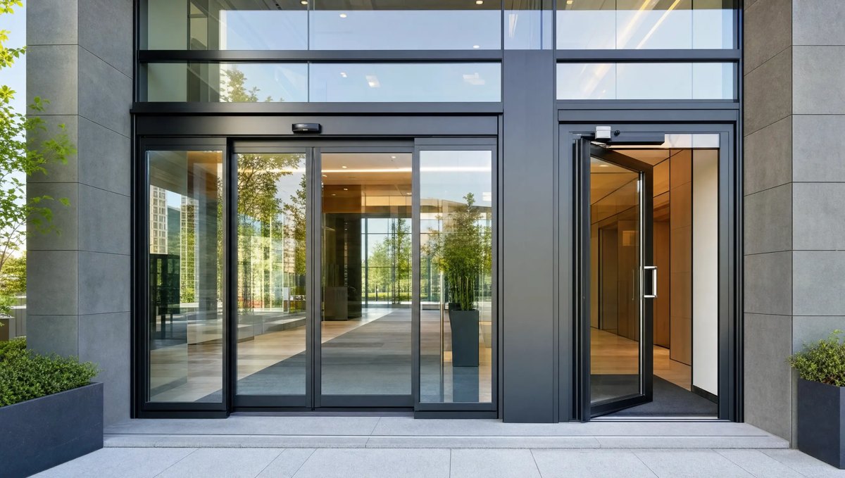 Two styles of automatic entrance doors side by side