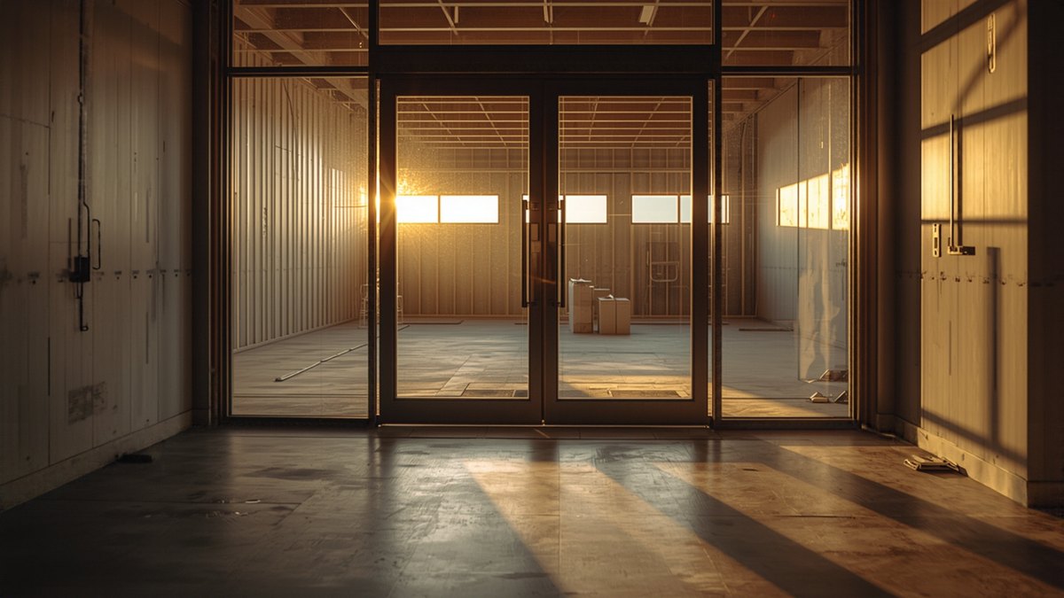 Glass entrance doors lead into an unfinished commercial space at sunset