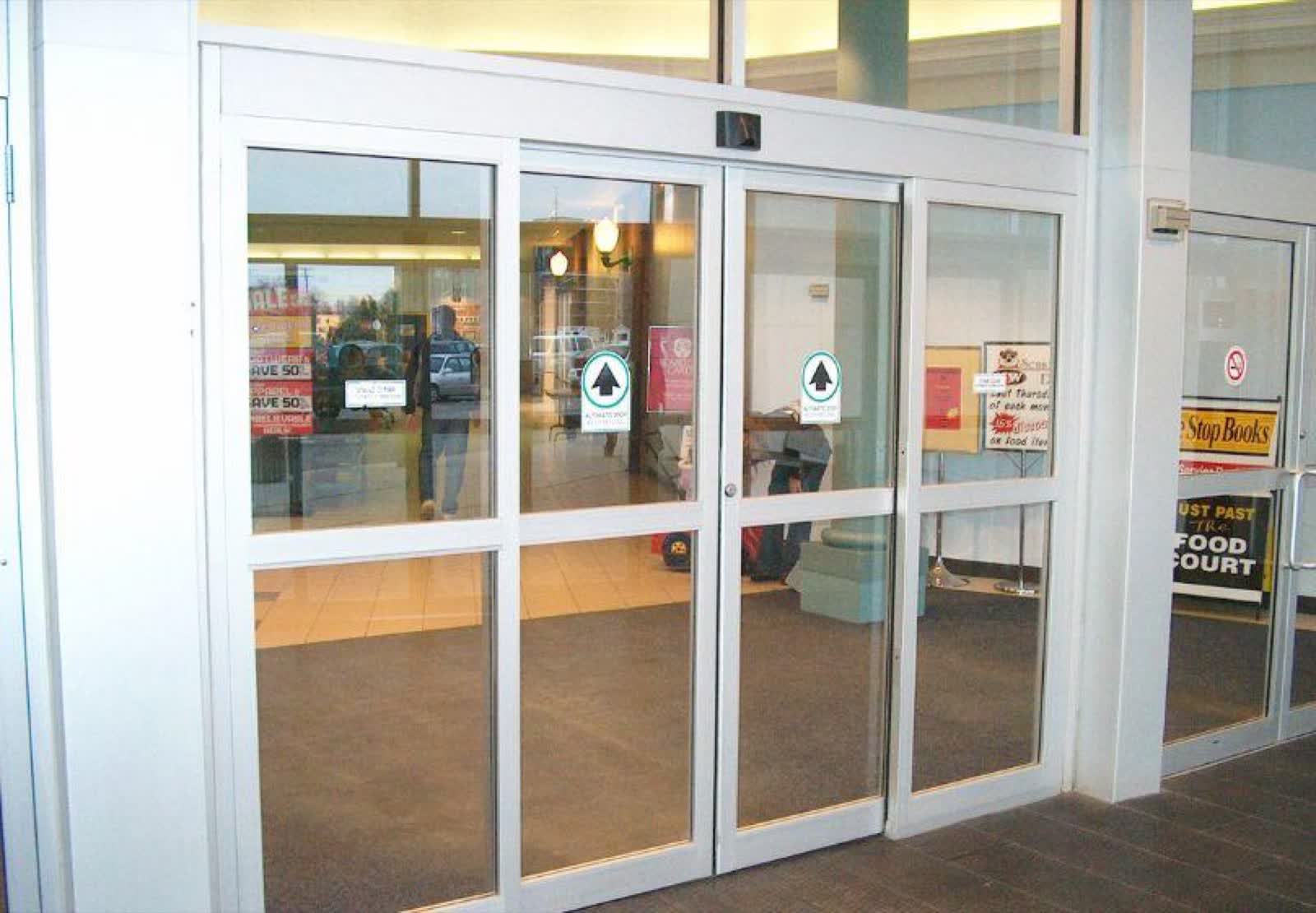 Automatic sliding doors at a shopping center entrance
